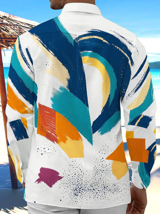 Adaychic Men's Abstract Brush Stroke Color Block Print Long Sleeve Shirt with Chest Pocket
