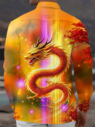 Adaychic Men's Graphic Golden Dragon Print Long Sleeve Shirt with Chest Pocket