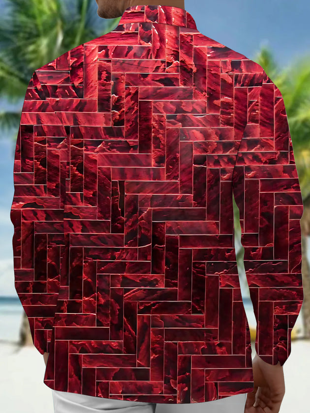 Adaychic Men's Printed Geometric Brick Pattern Long Sleeve Shirt with Chest Pocket
