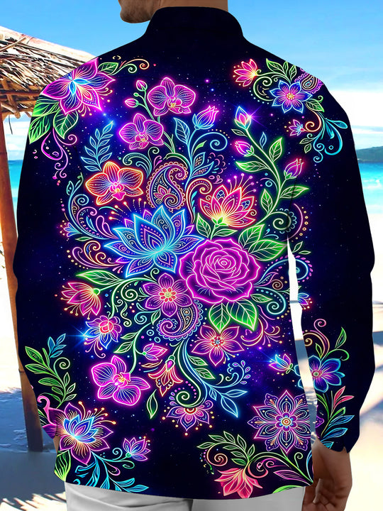 Adaychic Men's Printed Neon Floral Paisley Print Long Sleeve Shirt with Chest Pocket
