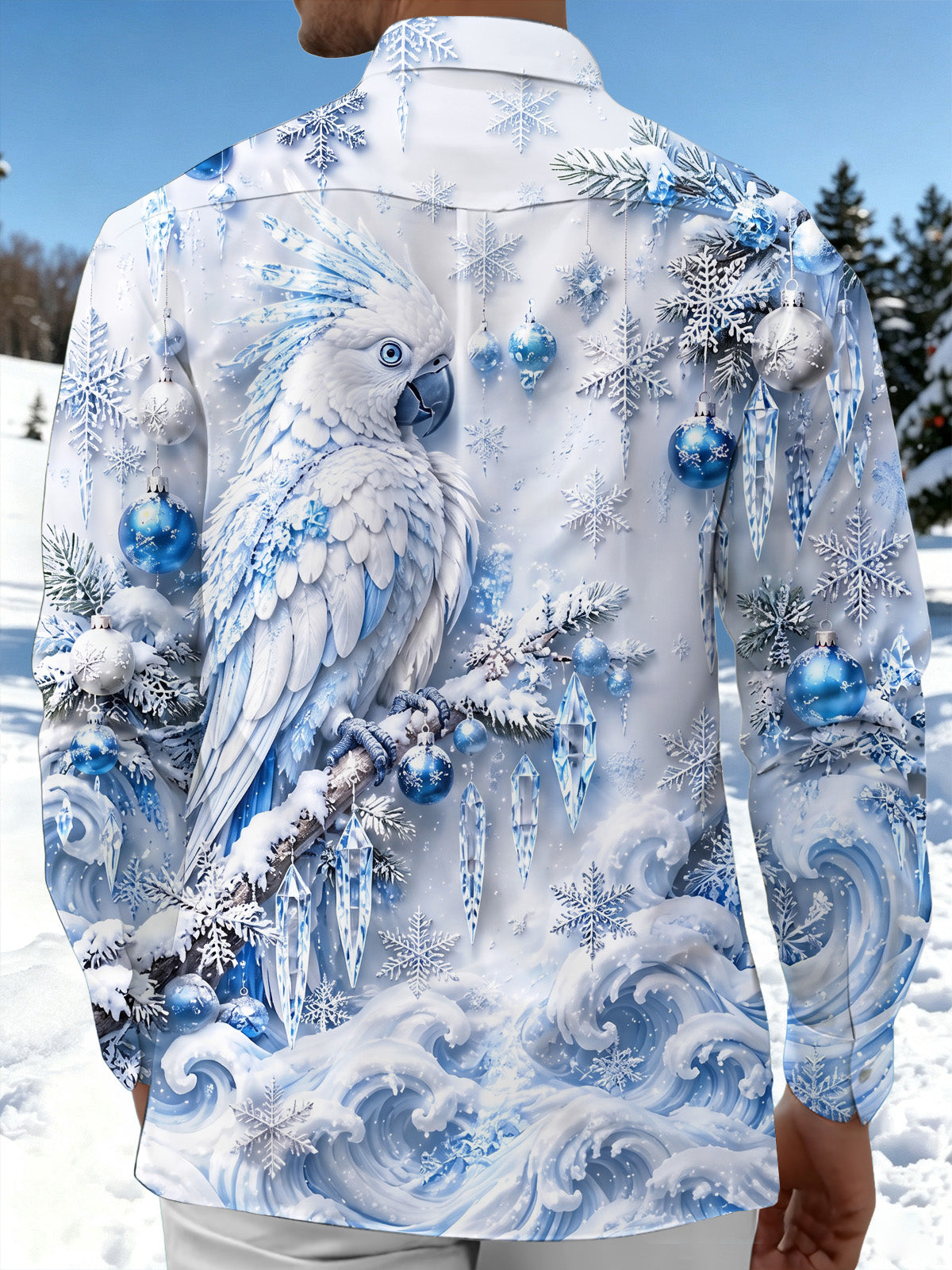 Adaychic Men's Graphic Christmas Parrot And Ornaments Print Long Sleeve Shirt with Chest Pocket