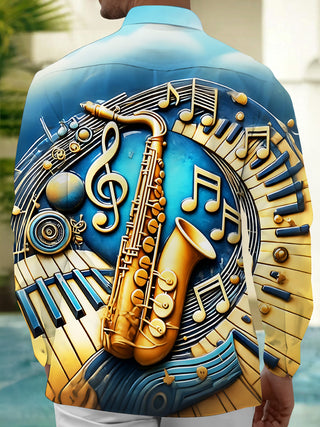 Adaychic Men's Graphic 3D Saxophone Print Piano Keys Print Long Sleeve Shirt with Chest Pocket