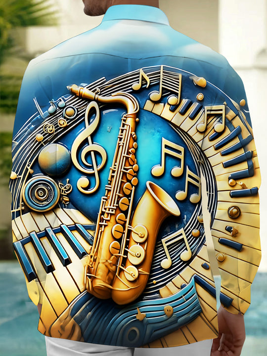 Adaychic Men's Graphic 3D Saxophone Print Piano Keys Print Long Sleeve Shirt with Chest Pocket