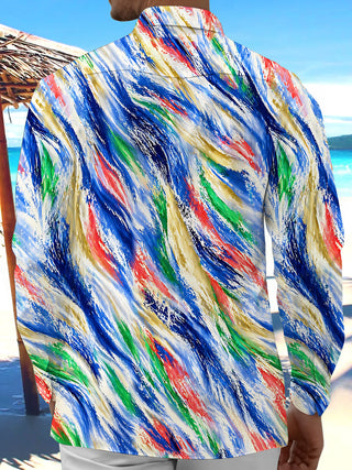 Adaychic Men's Printed Abstract Brushstroke Gradient Print Long Sleeve Shirt with Chest Pocket