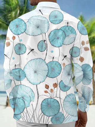 Adaychic Men's Blue Flower Dragonfly Print Long Sleeve Button Down Shirt with Chest Pocket