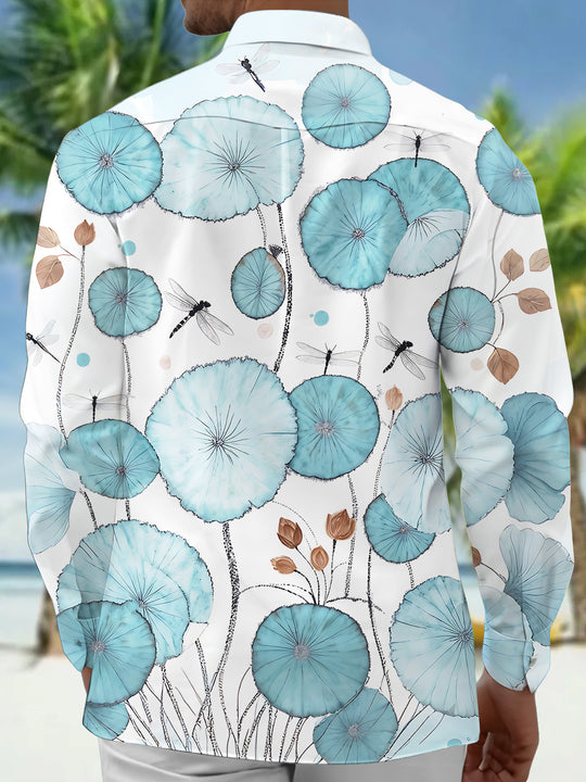 Adaychic Men's Blue Flower Dragonfly Print Long Sleeve Button Down Shirt with Chest Pocket