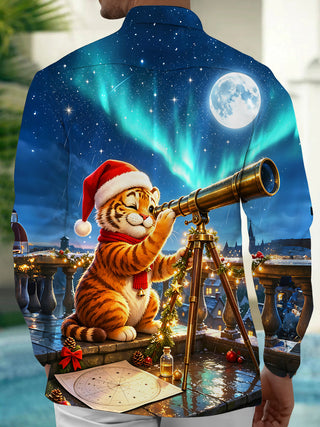 Adaychic Men's Graphic Christmas Tiger Print Stargazing Print Long Sleeve Shirt with Chest Pocket