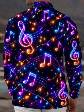 Adaychic Men's Graphic Music Notes And Treble Clefs Print Long Sleeve Shirt with Chest Pocket