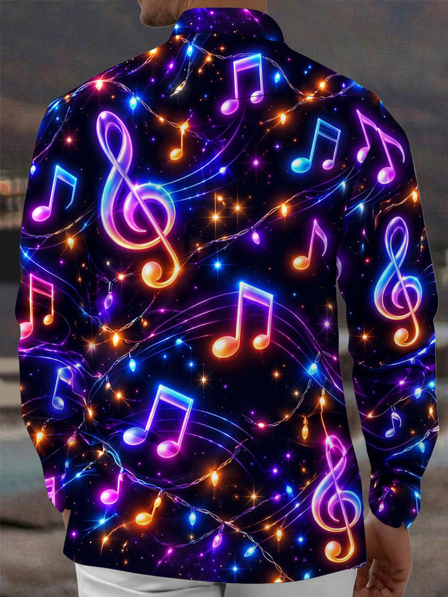 Adaychic Men's Graphic Music Notes And Treble Clefs Print Long Sleeve Shirt with Chest Pocket