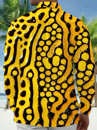 Adaychic Men's Abstract Yellow And Black Circles Print Long Sleeve Shirt with Chest Pocket