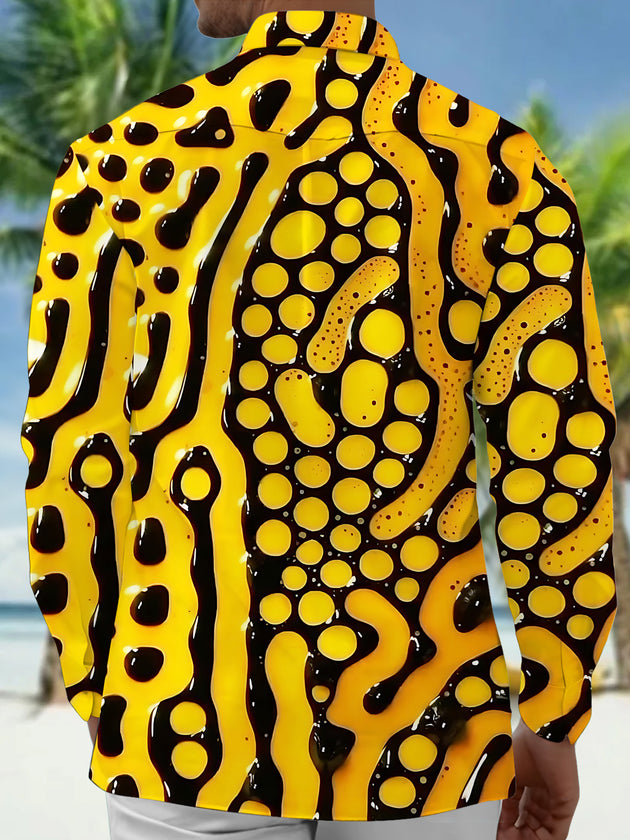 Adaychic Men's Abstract Yellow And Black Circles Print Long Sleeve Shirt with Chest Pocket