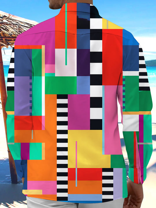 Adaychic Men's Patterned Colorful Geometric Blocks Print Long Sleeve Shirt with Chest Pocket
