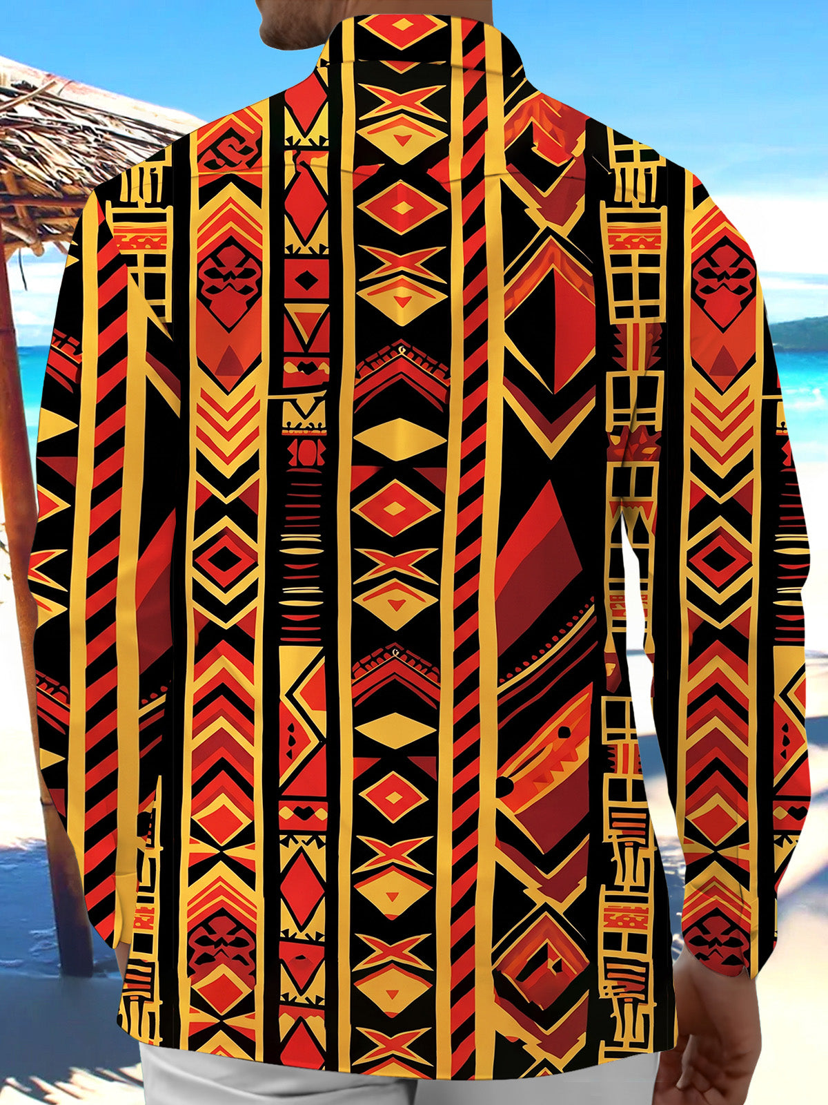 Adaychic Men's Vintage Style Geometric Tribal Pattern Long Sleeve Shirt with Chest Pocket