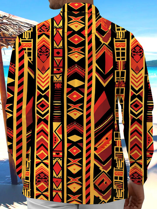 Adaychic Men's Vintage Style Geometric Tribal Pattern Long Sleeve Shirt with Chest Pocket