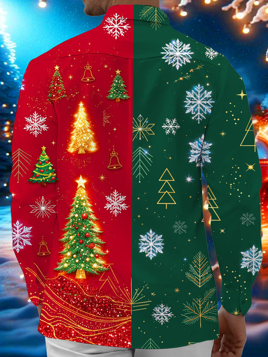 Adaychic Men's Printed Christmas Trees And Snowflakes Print Long Sleeve Shirt with Chest Pocket