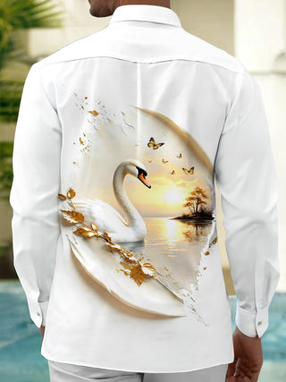 Adaychic Men's Printed Swan Print Butterflies Print Long Sleeve Shirt with Chest Pocket