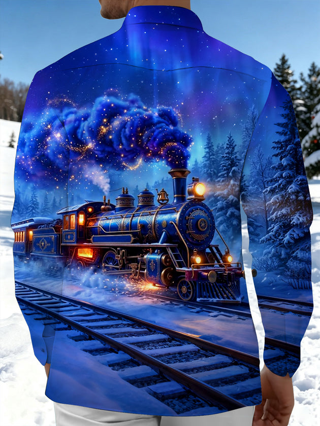 Adaychic Men's Graphic Vintage Train In Winter Forest Print Long Sleeve Shirt with Chest Pocket