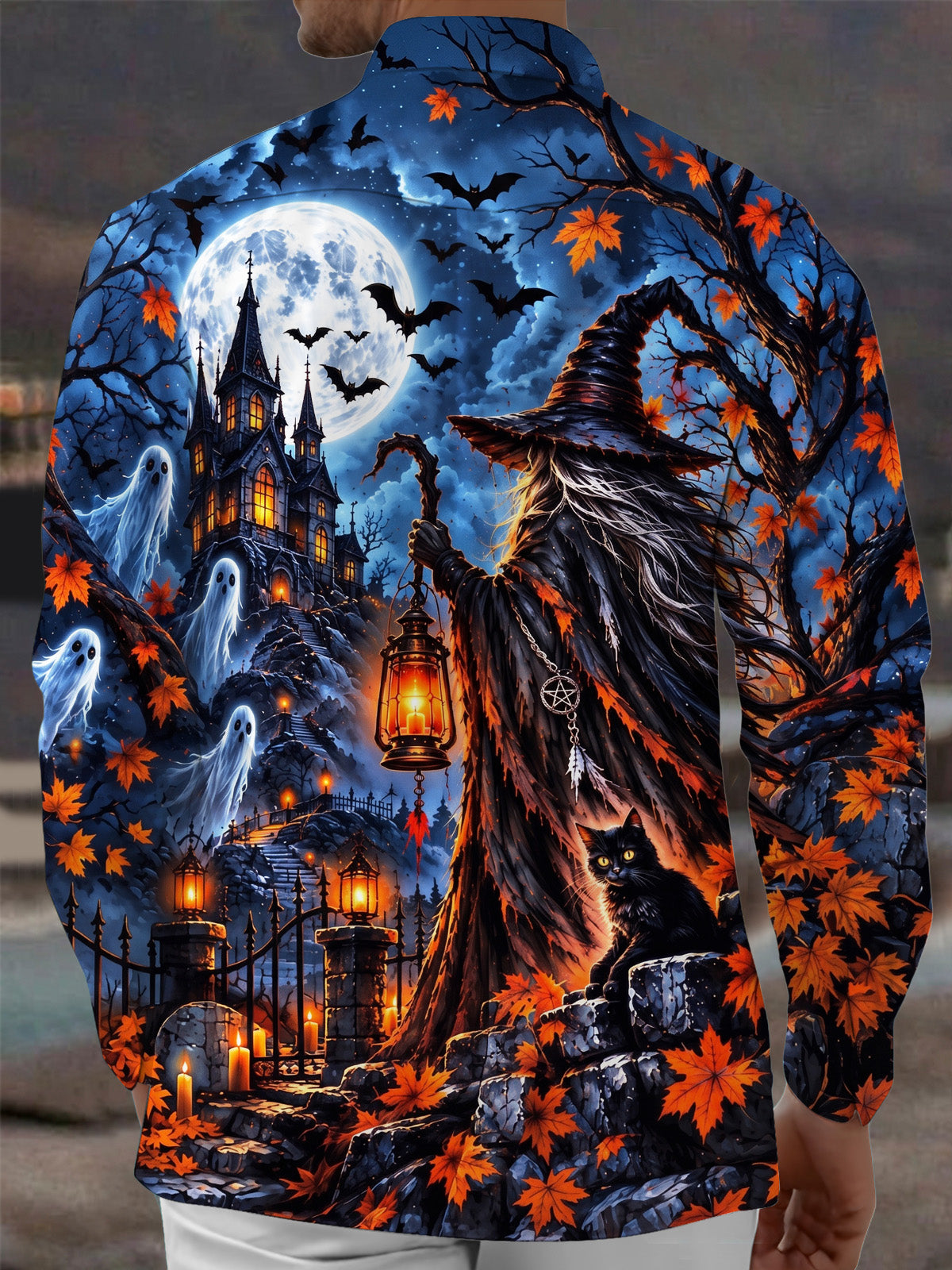 Adaychic Men's Graphic Halloween Witch Print Long Sleeve Shirt with Chest Pocket