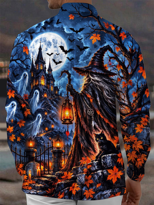 Adaychic Men's Graphic Halloween Witch Print Long Sleeve Shirt with Chest Pocket
