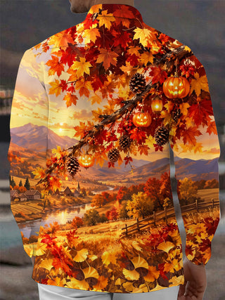 Adaychic Men's Long Sleeve Shirt - Halloween Autumn Landscape With Jack-o-lanterns And Pinecones Print with Chest Pocket