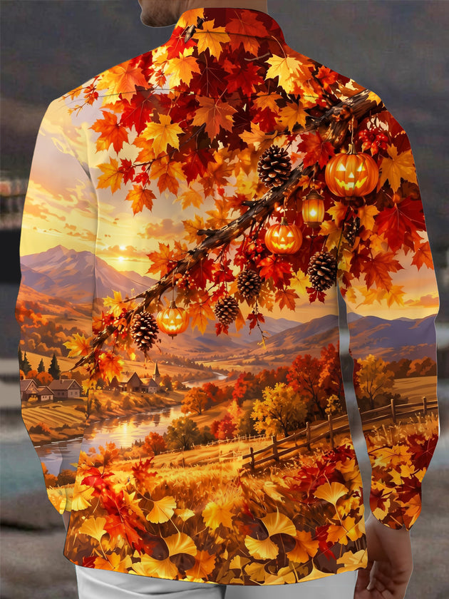 Adaychic Men's Long Sleeve Shirt - Halloween Autumn Landscape With Jack-o-lanterns And Pinecones Print with Chest Pocket