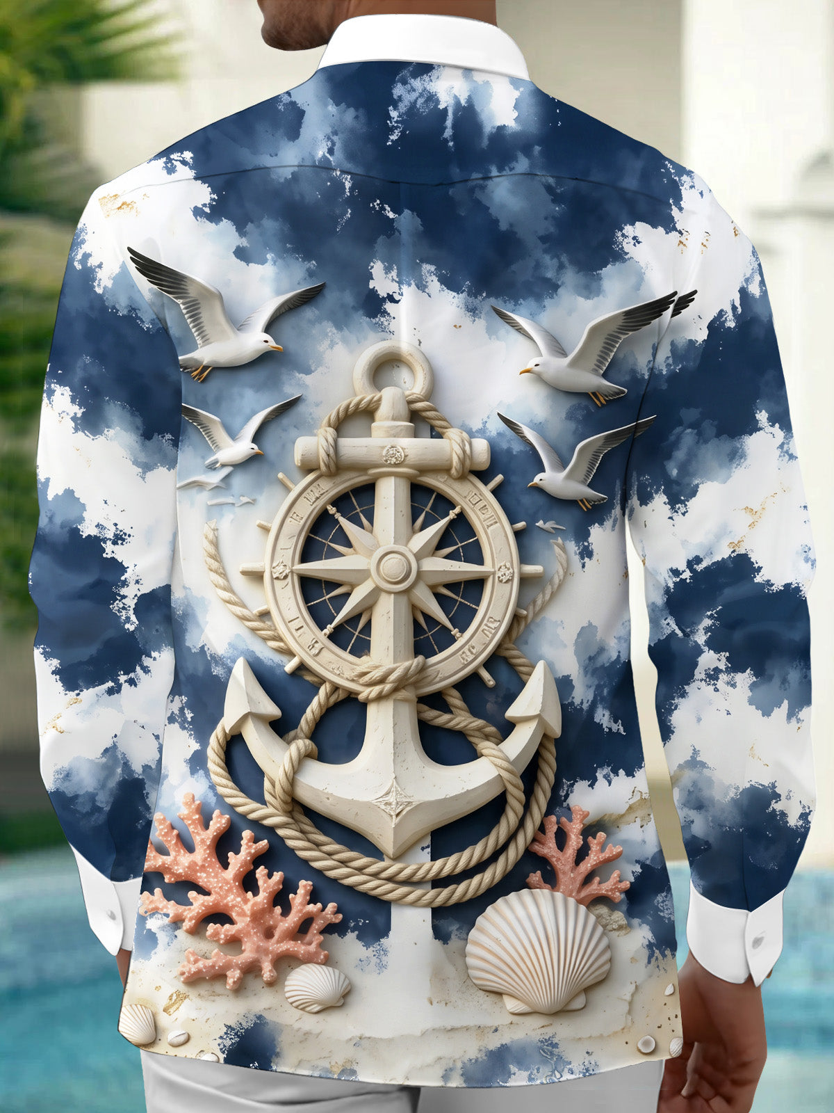 Adaychic Men's Graphic Nautical Anchor And Ship Wheel Print Long Sleeve Shirt with Chest Pocket