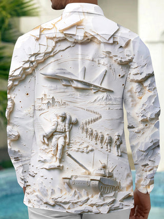 Adaychic Men's Long Sleeve Shirt - 3D Military Relief Scene With Soldiers And Vehicles Print with Chest Pocket