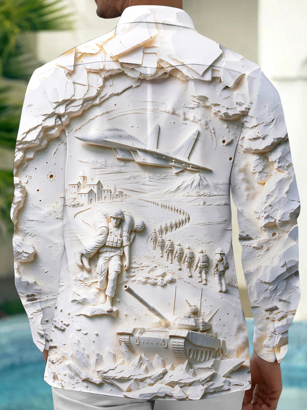 Adaychic Men's Long Sleeve Shirt - 3D Military Relief Scene With Soldiers And Vehicles Print with Chest Pocket