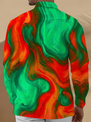 Adaychic Men's Abstract Swirling Colorful Pattern Long Sleeve Shirt with Chest Pocket