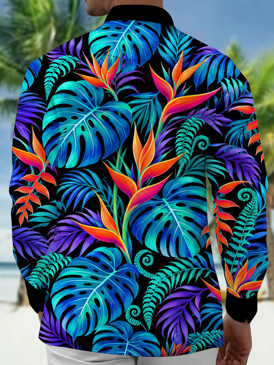 Adaychic Men's Long Sleeve Shirt - Tropical Leaves And Bird Of Paradise Flowers Print with Chest Pocket
