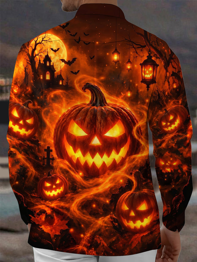 Adaychic Men's Graphic Halloween Pumpkin Print Long Sleeve Shirt with Chest Pocket