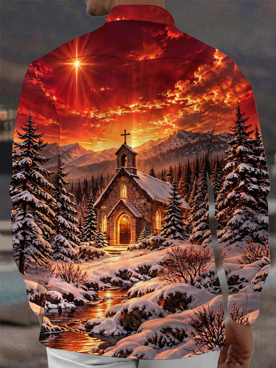 Adaychic Men's Long Sleeve Shirt - Winter Church Landscape With Snow And Mountains Print with Chest Pocket