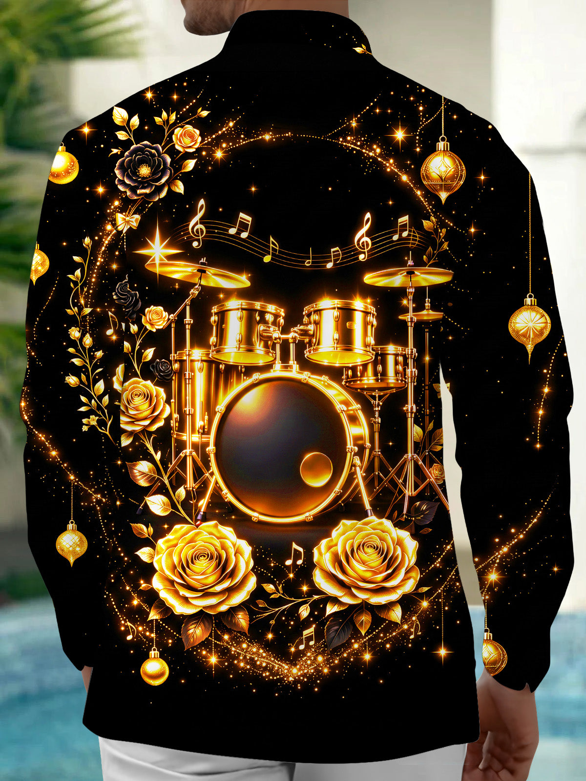 Adaychic Men's Long Sleeve Shirt - Christmas Ornaments And Musical Notes Print Golden Drum Set And Roses Print with Chest Pocket