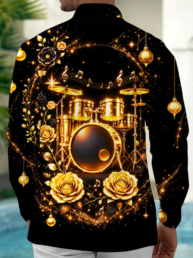 Adaychic Men's Long Sleeve Shirt - Christmas Ornaments And Musical Notes Print Golden Drum Set And Roses Print with Chest Pocket