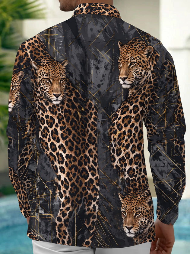 Adaychic Men's Printed Leopard Animal Print With Gold Accents Long Sleeve Shirt with Chest Pocket