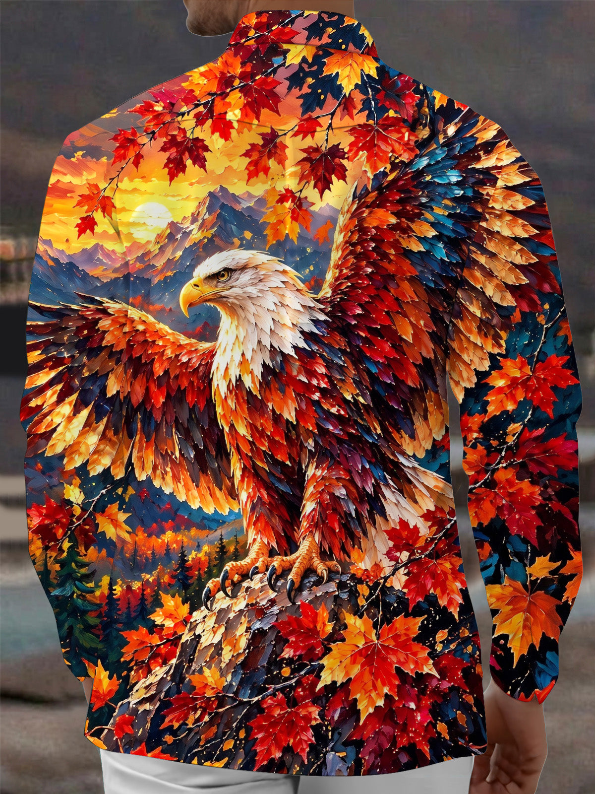 Adaychic Men's Bald Eagle And Autumn Maple Leaves Print Long Sleeve Shirt with Chest Pocket