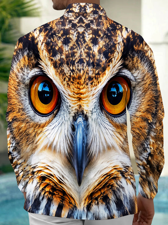 Adaychic Men's Graphic Owl Face Close-up Print Animal Print Long Sleeve Shirt with Chest Pocket