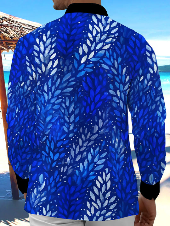 Adaychic Men's Tropical Blue Leaf Pattern Long Sleeve Shirt with Chest Pocket