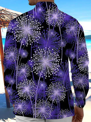 Adaychic Men's Hawaiian Dandelion Floral Print Long Sleeve Shirt with Chest Pocket