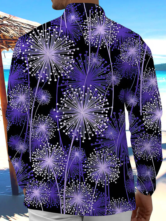 Adaychic Men's Hawaiian Dandelion Floral Print Long Sleeve Shirt with Chest Pocket