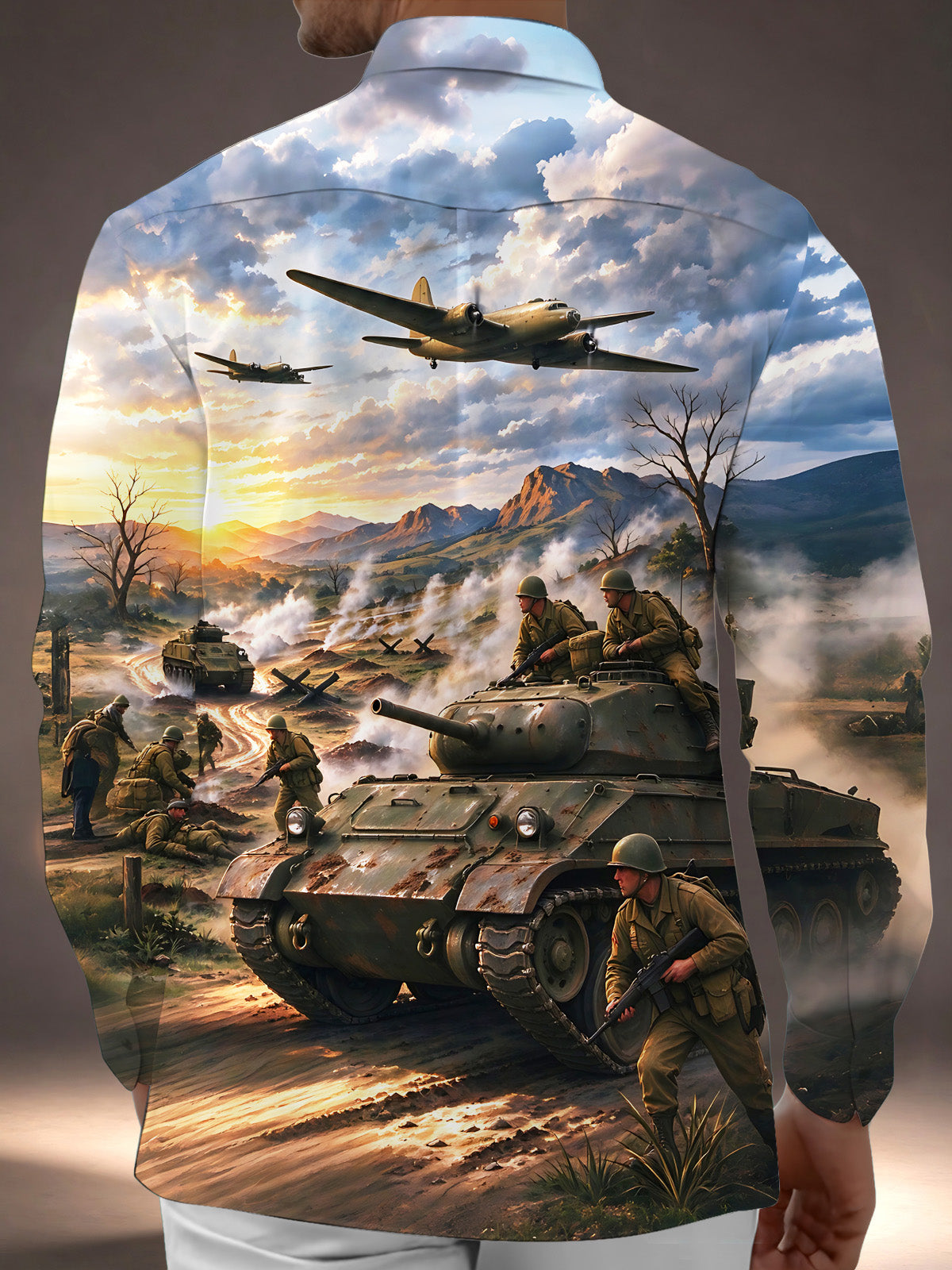Adaychic Men's Long Sleeve Shirt - World War II Battlefield Scene With Tanks And Soldiers Print with Chest Pocket