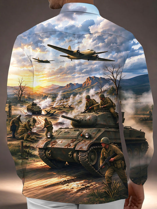 Adaychic Men's Long Sleeve Shirt - World War II Battlefield Scene With Tanks And Soldiers Print with Chest Pocket