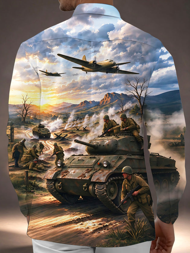Adaychic Men's Long Sleeve Shirt - World War II Battlefield Scene With Tanks And Soldiers Print with Chest Pocket