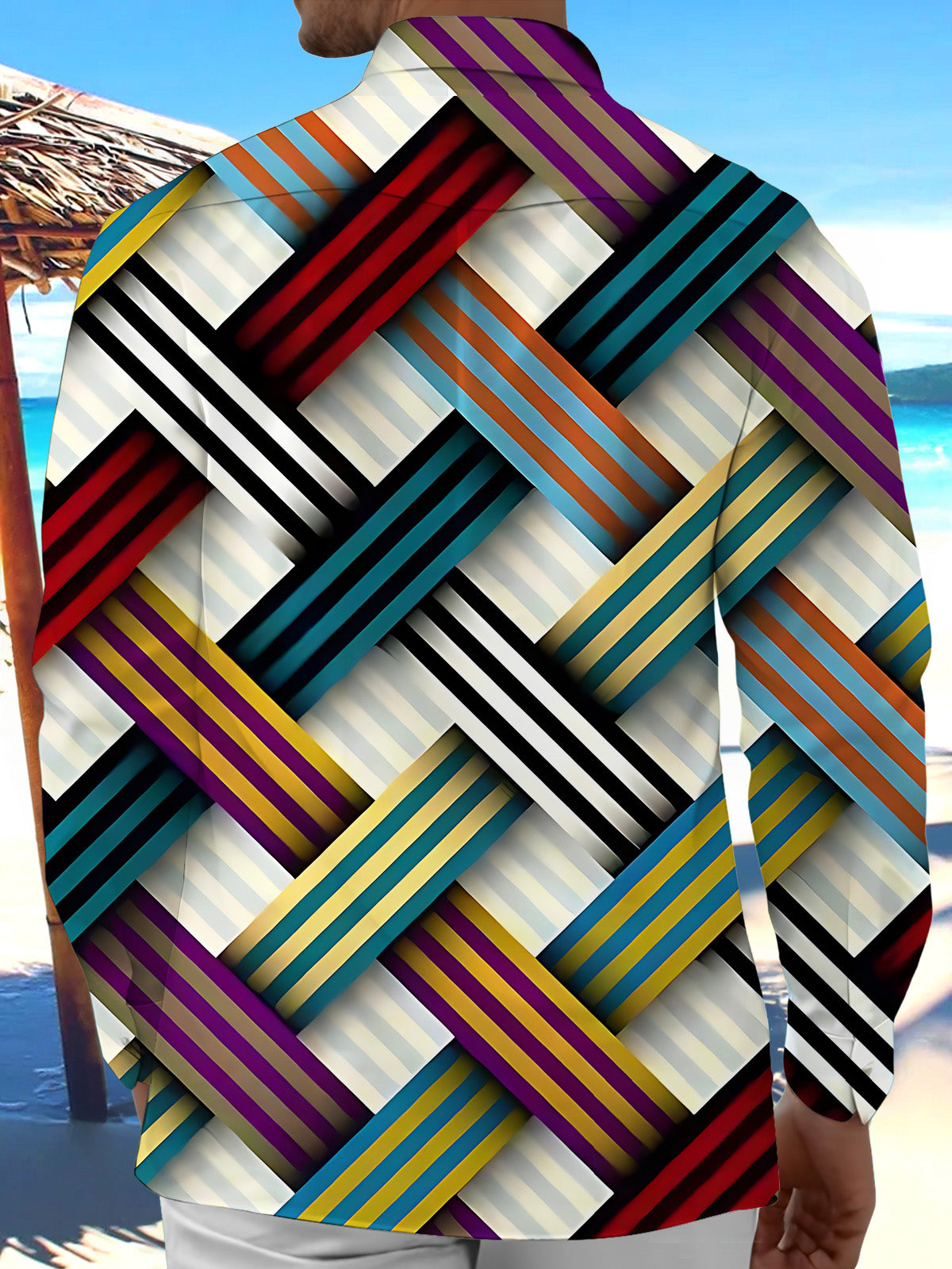 Adaychic Men's Printed Colorful Geometric Stripes Print Long Sleeve Shirt with Chest Pocket
