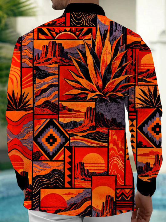 Adaychic Men's Desert Landscape With Agave Plants Print Long Sleeve Shirt with Chest Pocket