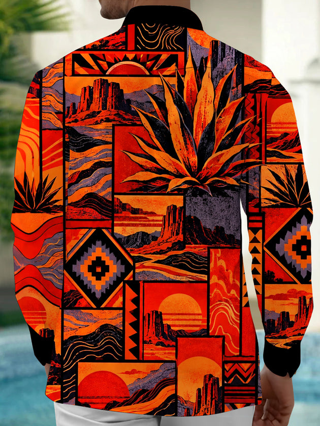 Adaychic Men's Desert Landscape With Agave Plants Print Long Sleeve Shirt with Chest Pocket