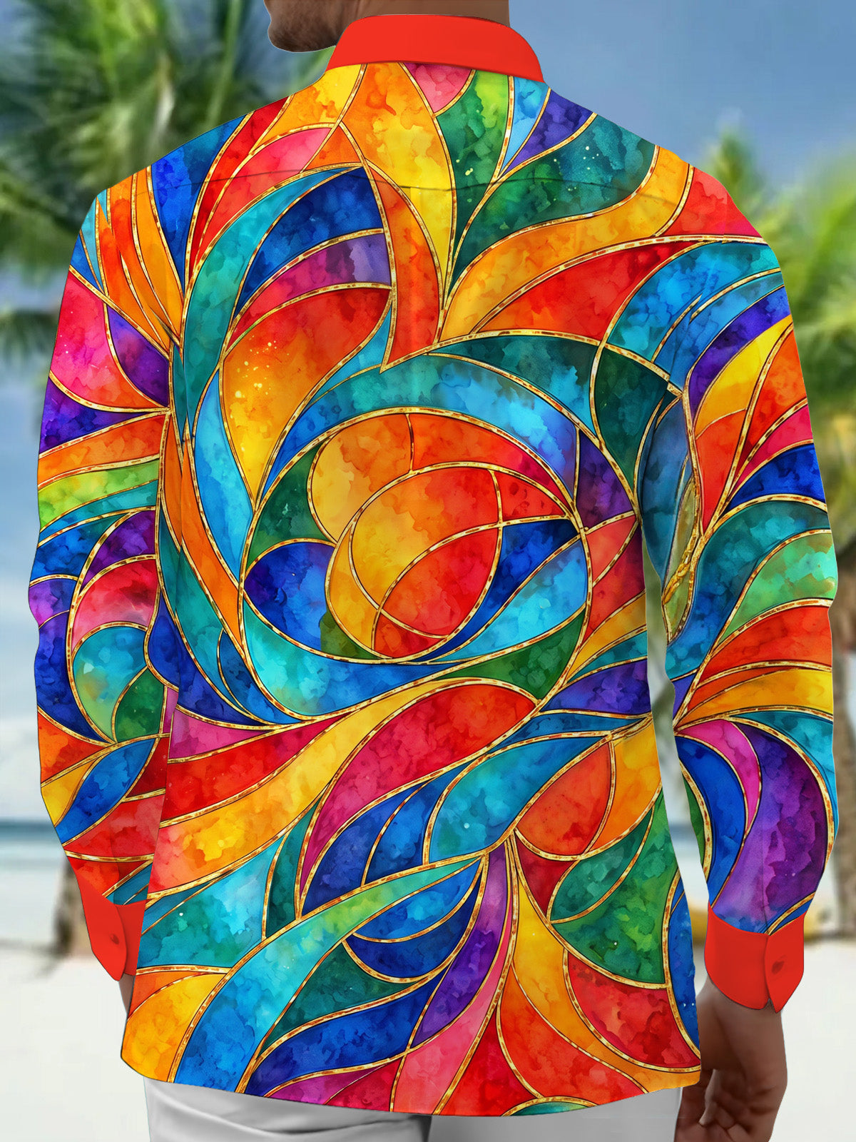 Adaychic Men's Long Sleeve Shirt - Abstract Swirling Rainbow Patterns With Gold Lines Print with Chest Pocket