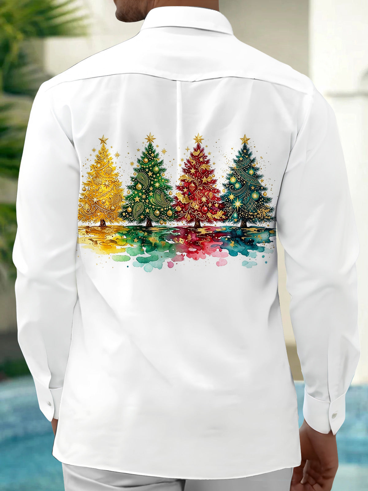 Adaychic Men's Long Sleeve Shirt - Watercolor Christmas Trees With Ornaments And Stars Print with Chest Pocket