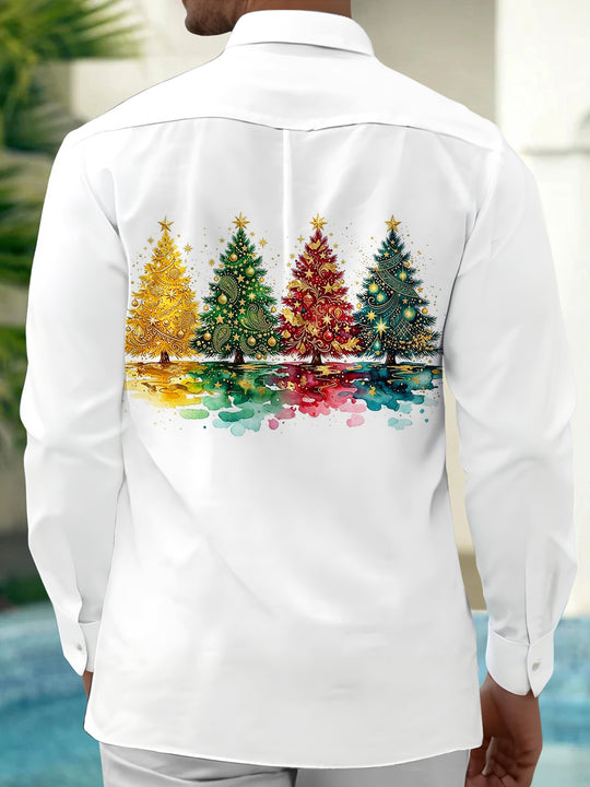 Adaychic Men's Long Sleeve Shirt - Watercolor Christmas Trees With Ornaments And Stars Print with Chest Pocket