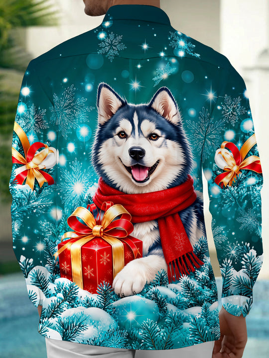 Adaychic Men's Long Sleeve Shirt - Christmas Husky Dog With Red Scarf And Gift Box Print with Chest Pocket